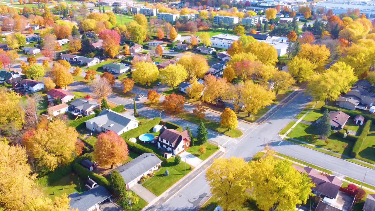 Colorful aerial view of suburban Estrie, Québec during vibrant fall season