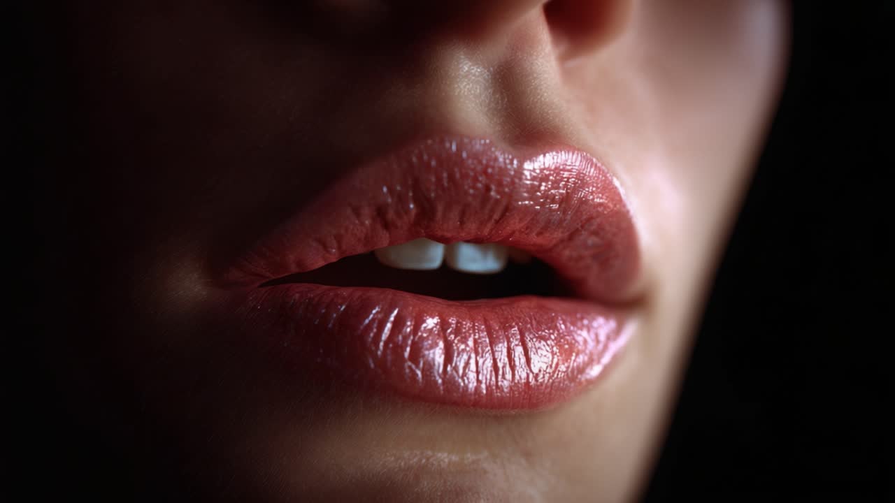 Scatto ravvicinato di labbra lucide che ne evidenzia la texture e il colore naturali, catturando le curve e i contorni sottili sotto una luce soffusa in uno stile fotografico creativo.