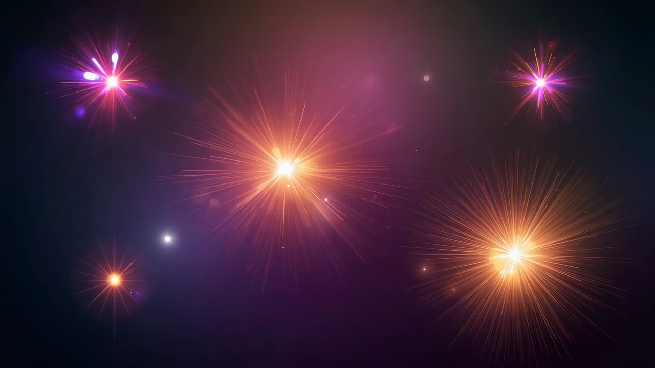 Playing clip, large orange star slightly left pulsing on dark space backdrop, white point drifting