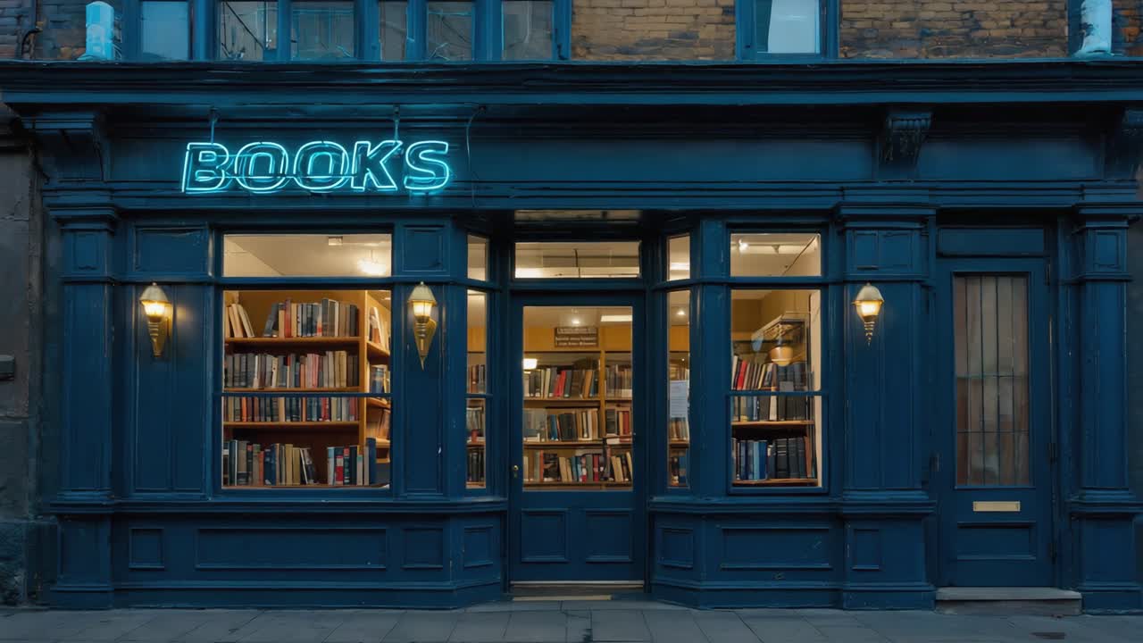 A charming bookstore with a bright neon sign
