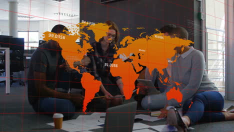 collaborating on animation, diverse team analyzing world map with numerical data