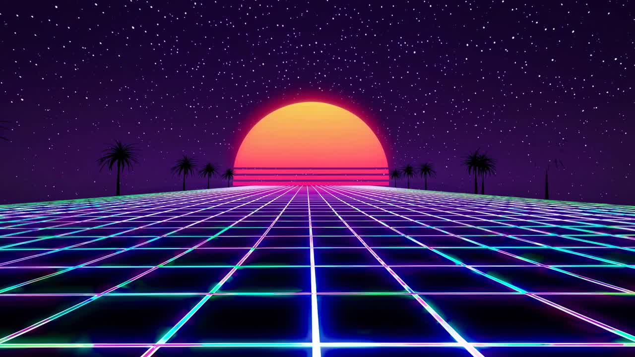 Retro-futuristic video style with a low-angle view of a neon grid, palm trees, and a vibrant sunset