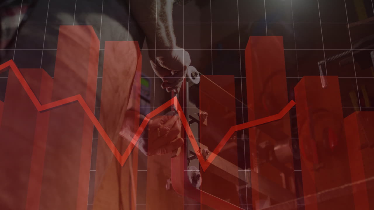 Industrial worker operating machinery with red financial graph overlaying in animation