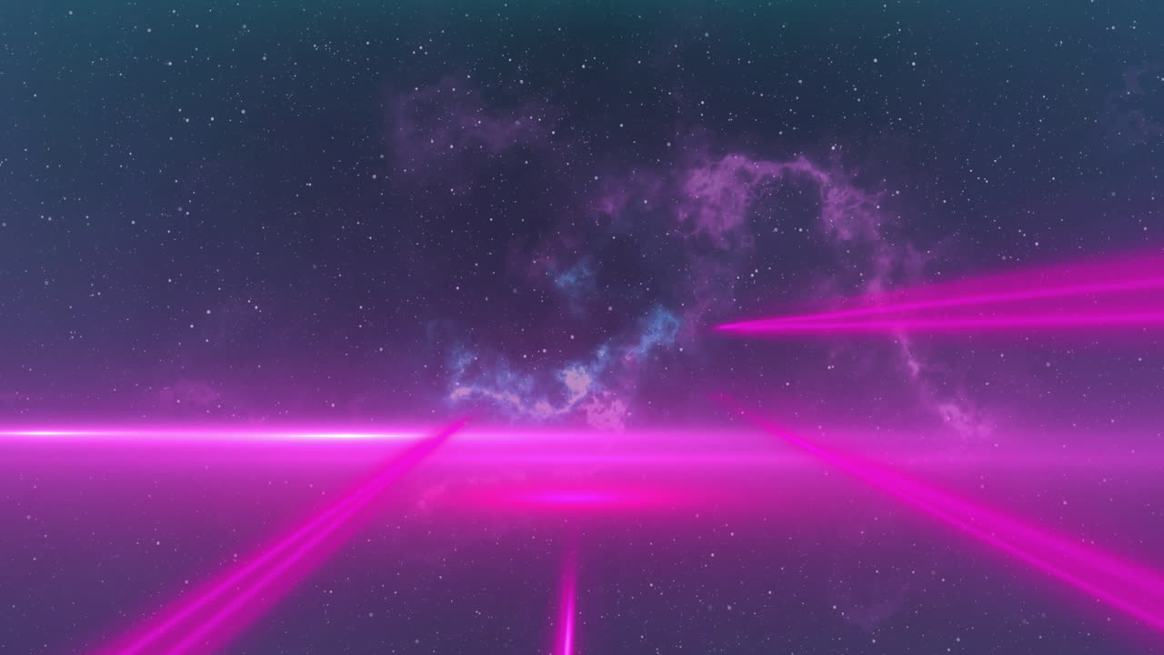 Animation of colourful neon light trails and space with stars over black background