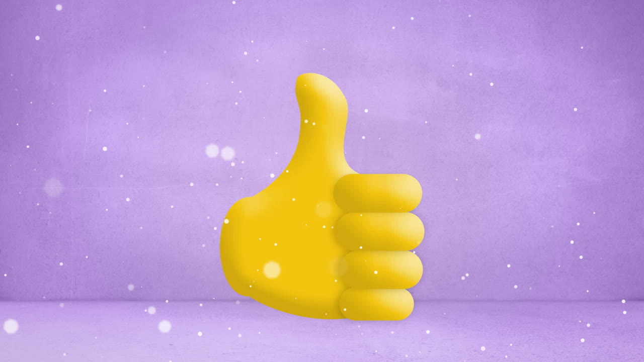 animación de manchas blancas de luz flotando sobre el pulgar amarillo como un emoji en un fondo púrpura pálido