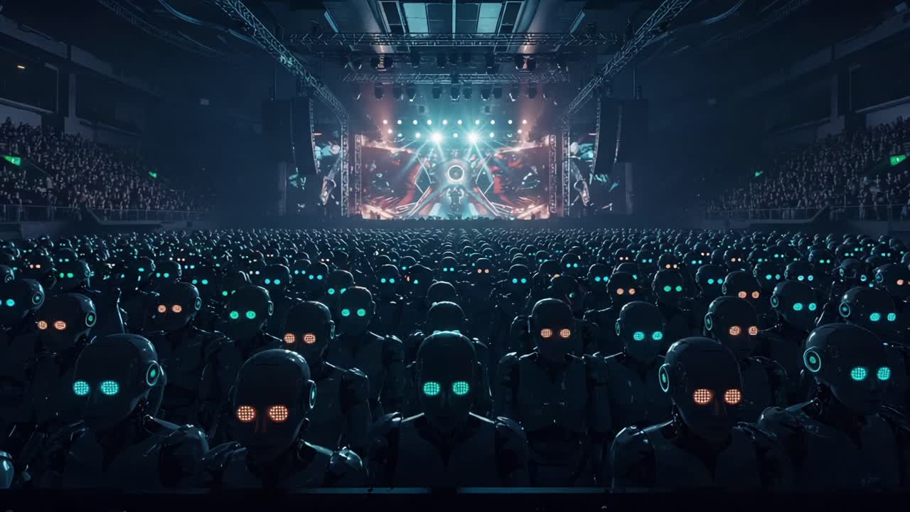A Spectacle of Robots: A Thrilling Performance in a Packed Arena with an Ocean of Audience Robots and Future-Driven Lightshow Captivating All