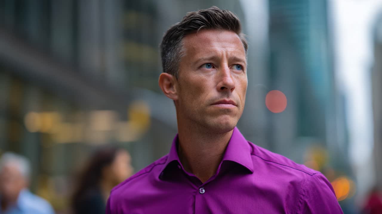 A contemplative man in a purple shirt gazes thoughtfully amidst a bustling cityscape, reflecting deep emotions while navigating urban life and surroundings