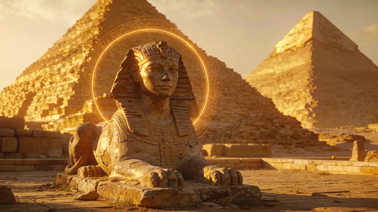 Zářící kamenná socha podobná sfinze získávající zlatou svatozář u pyramidového komplexu, záře se objevuje za hlavou.