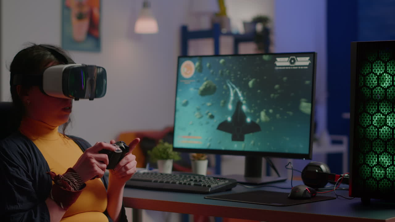Player woman wining space shooter game using virtual reality goggles