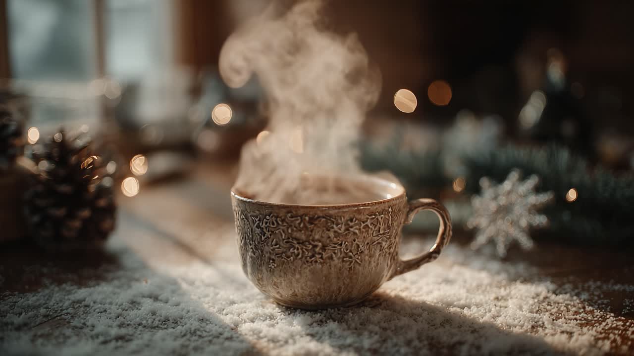 A Warm Cup of Comfort: A Close-Up of a Steaming Mug Surrounded by Cozy Winter Decor and Soft Snowflakes, Perfect for a Relaxing Moment by the Hearth
