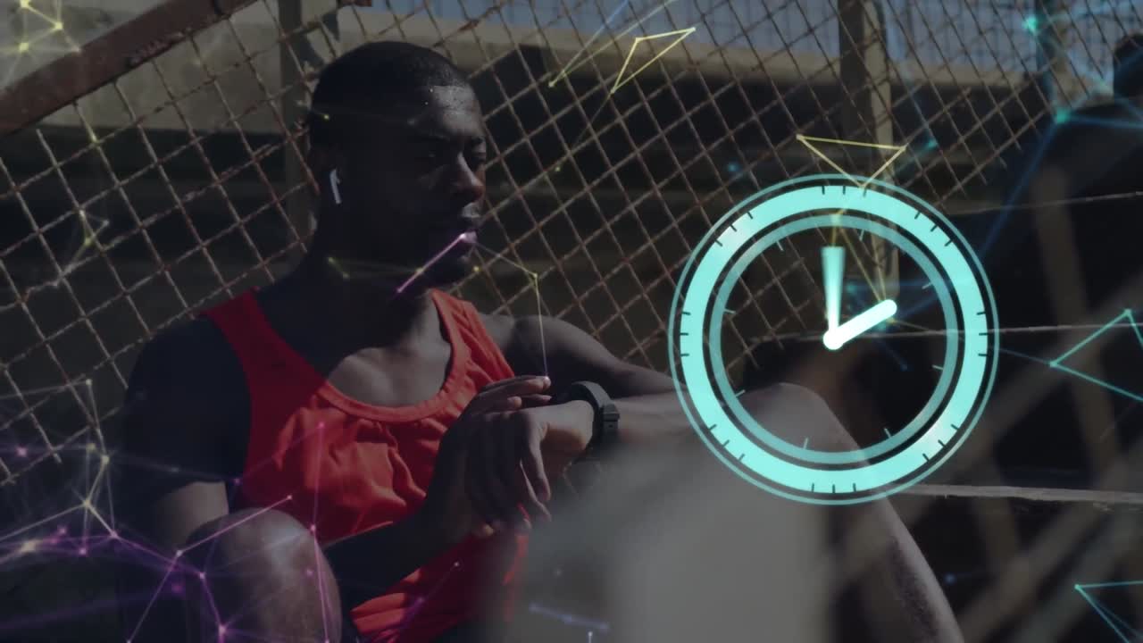 Animation of network of connections and clock over african american sportsman