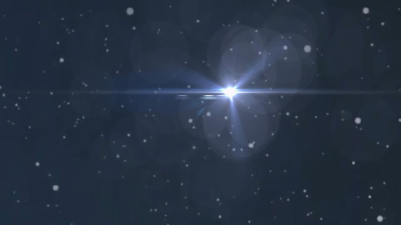 Scena astratta blu scuro con particelle bianche fluttuanti e bagliori luminosi a effetto lens flare