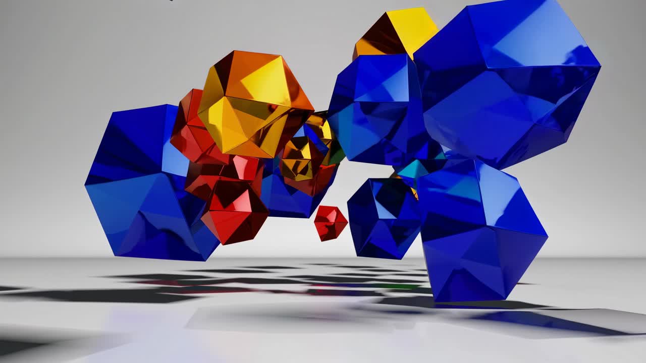 Dynamic video concept with 3D geometric shapes in vibrant blues and greens