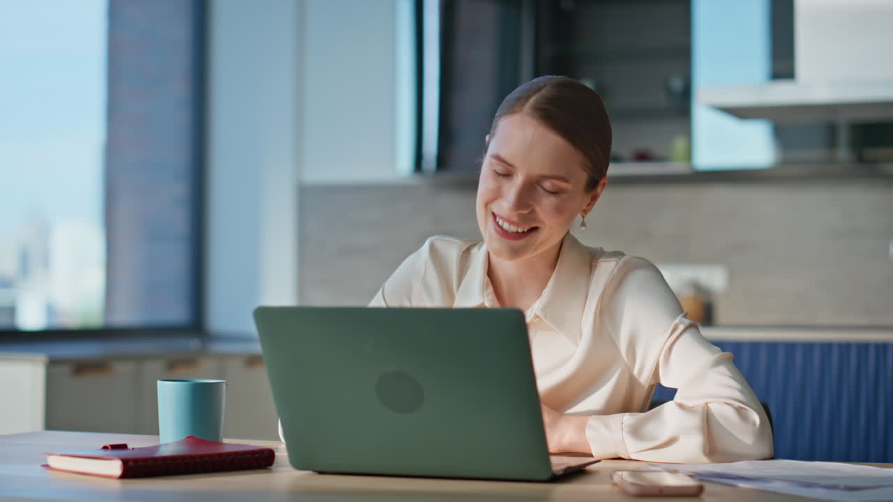 Smiling businesswoman talking webcam laptop in home office closeup. Happy woman