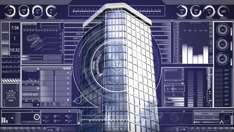 Digital-interface-with-data-processing-over-tall-buildings-against-blue-background