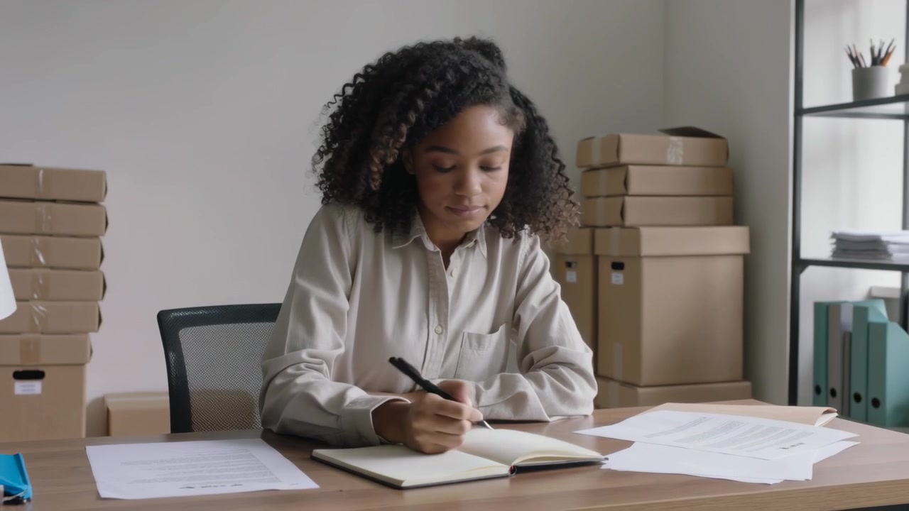 Reading woman in beige shirt, sorting paperwork at packing desk and writing notes, updating orders
