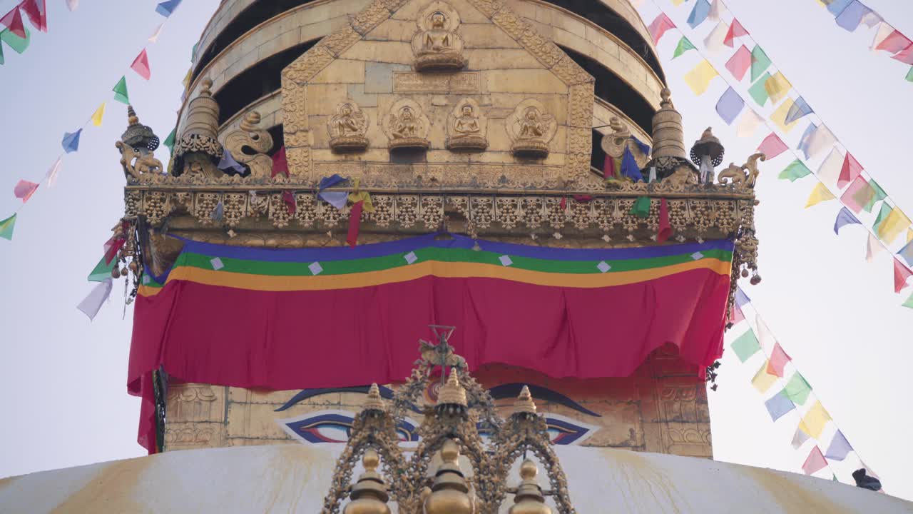 Prayer Flags In Swayambhunath Stupa - Monkey Temple In Kathmandu, Nepal - Swayambhu Mahachaitya. - close up shot