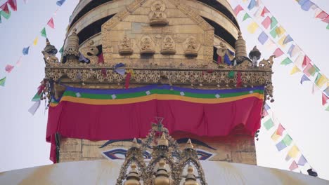 prayer flags in swayambhunath stupa - monkey temple in kathmandu, nepal - swayambhu mahachaitya. - close up shot