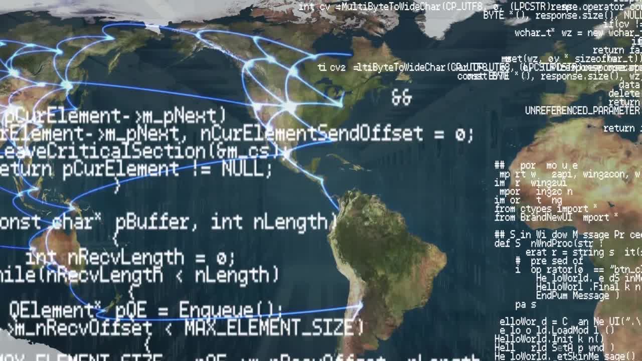 анимация обработки данных и соединений по карте мира
