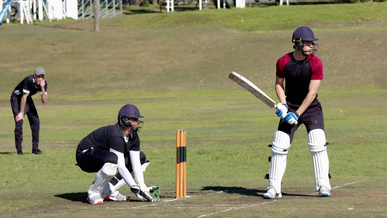 Cricket players in action on field, batsman ready to hit ball