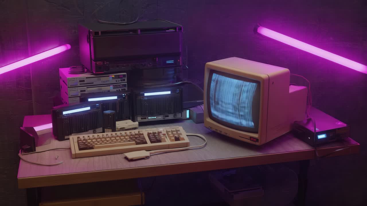Retro Computer Setup with Neon Lighting