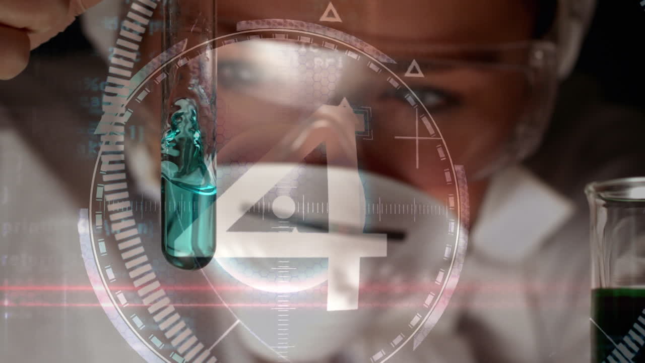 실험실에서 일하는 백인 여성 과학자 위에 카운트다운과 모양을 가진 스 ⁇  스캐닝의 애니메이션