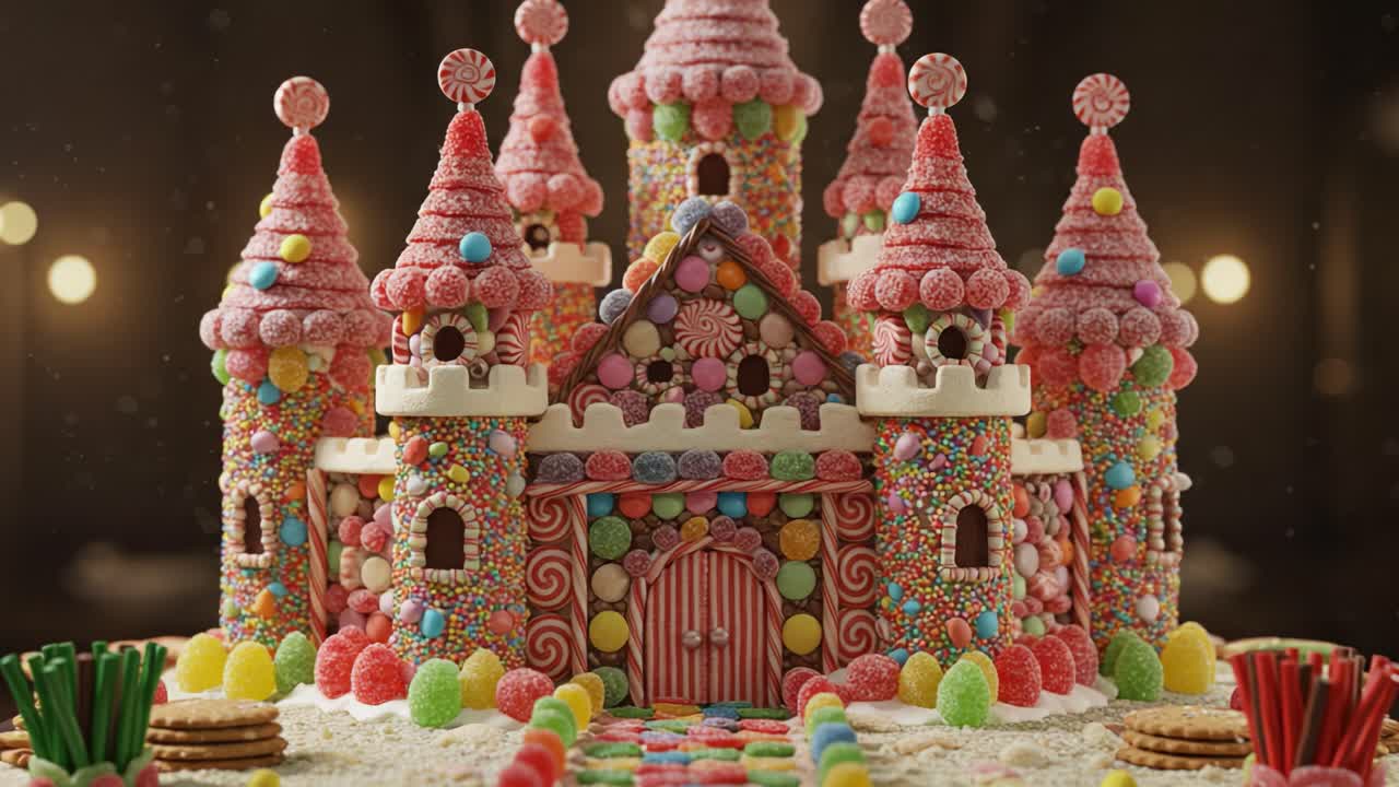 A Whimsical Candy Castle Celebrating the Joy of Sweets with Colorful Decorations, Edible Treats, and a Fantasy Landscape for All Ages to Enjoy