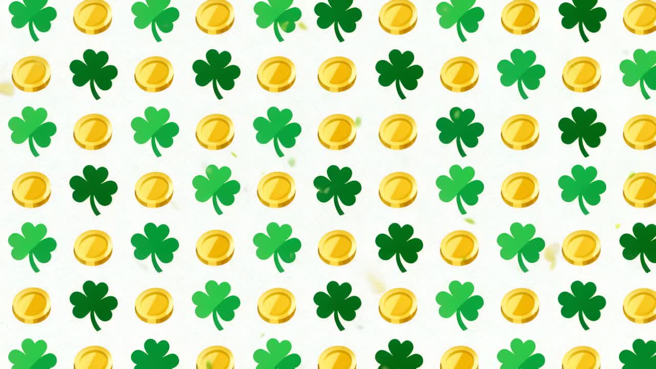 Showing repeating pattern filling white backdrop as frames shift, revealing shamrocks and coins
