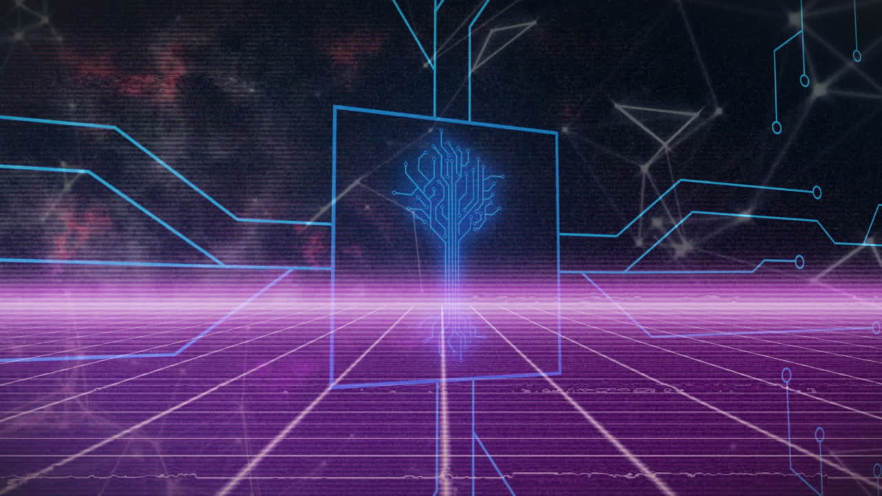 Glowing digital tree animation over neon grid with abstract geometric shapes