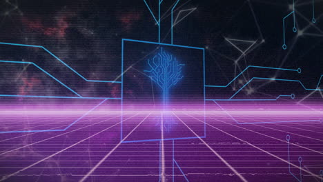 glowing digital tree animation over neon grid with abstract geometric shapes