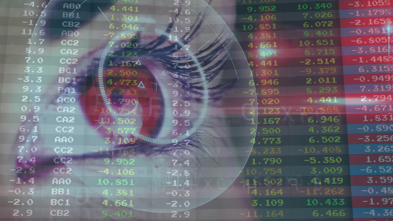 woman scanning eye in digital finance interface, with HUD graphic and floating stock market figures
