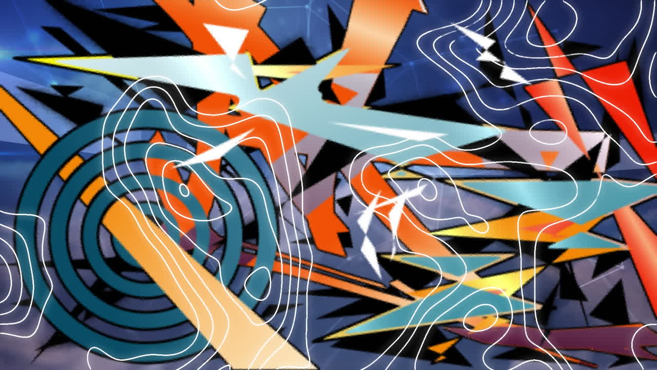 formas abstractas de colores y topografía contra la red de conexiones y nubes en el cielo azul