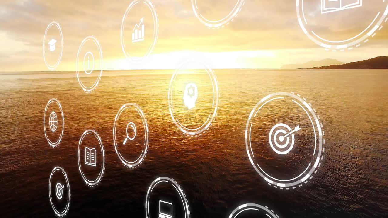 Digital icons floating over ocean at sunset, symbolizing animation and nature harmony