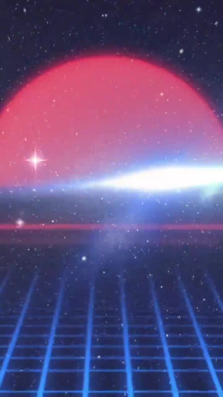 Sole rosso che sorge all'orizzonte, griglia al neon che emerge, bagliore dell'obiettivo che si diffonde, designer che creano asset tecnologici.