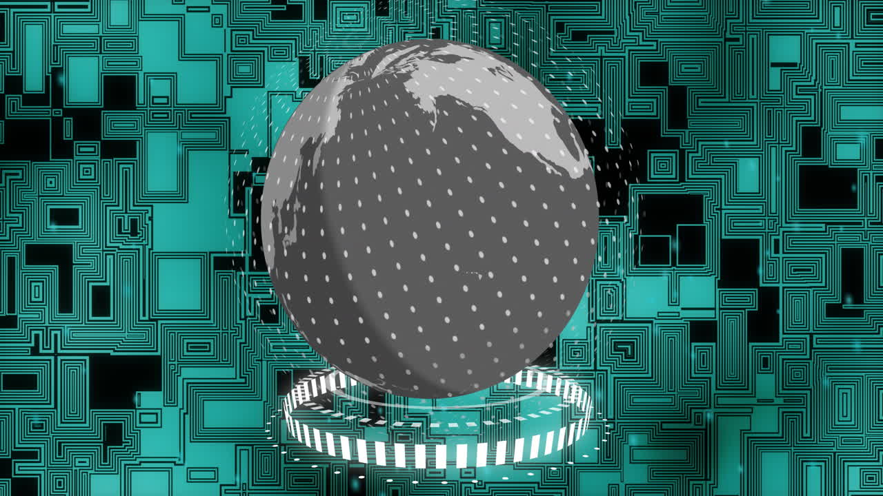 Animation of spinning globe over green shapes moving