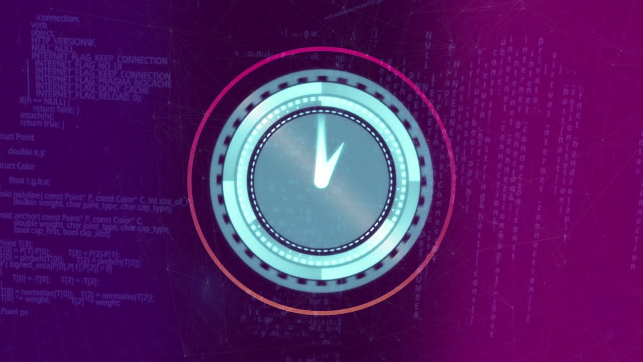 Animation of clock and data processing over dark background