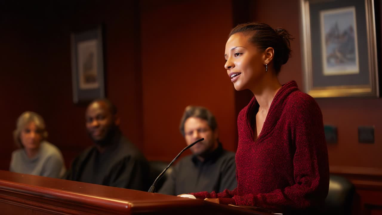 A confident young woman delivers a powerful speech to an attentive audience in a formal setting, reflecting her poise and charisma while engaging the listeners in an insightful discussion
