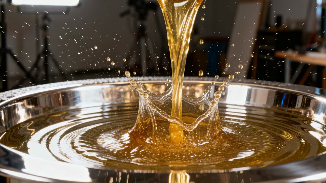 Sirup emas dilepaskan, nosel membentuk mahkota, menyemburkan tetesan ke dalam mangkuk baja untuk studio gerakan lambat.