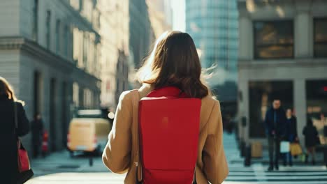 a woman with a red backpack walking down the street