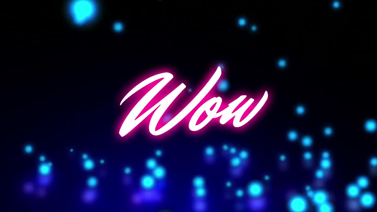 animación de banner de texto neon púrpura wow sobre manchas brillantes azules que caen contra un fondo negro.