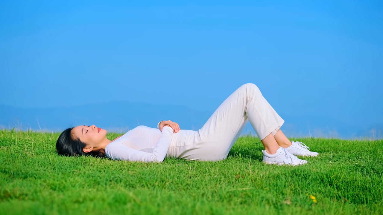 Woman Lying On Grass Relaxing Under Clear Blue Sky, Hands Resting On Abdomen, White Outfit And Sneakers,