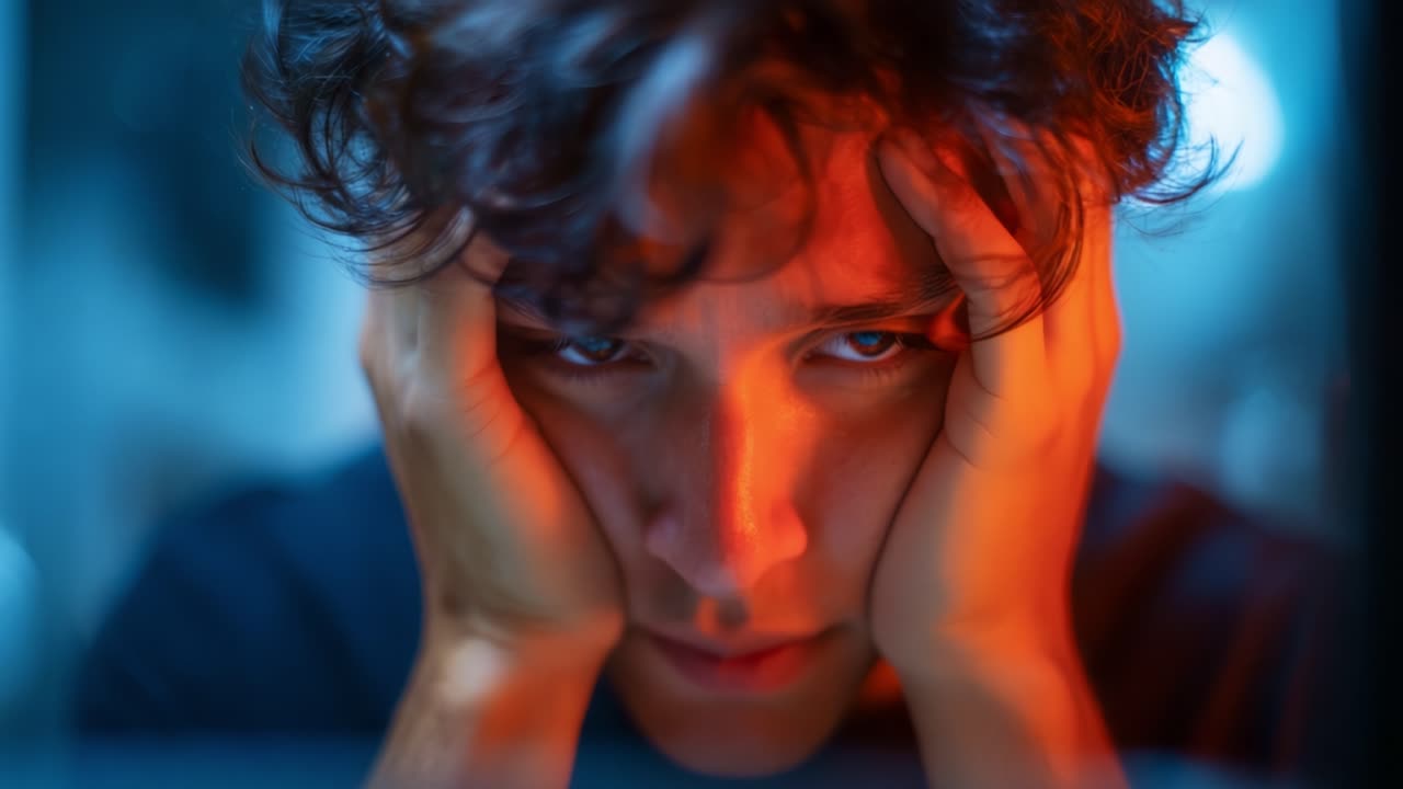A Young Person Deep in Thought and Contemplation, Their Head in Their Hands, Capturing a Moment of Emotional Struggle and Introspection under Dramatic Lighting