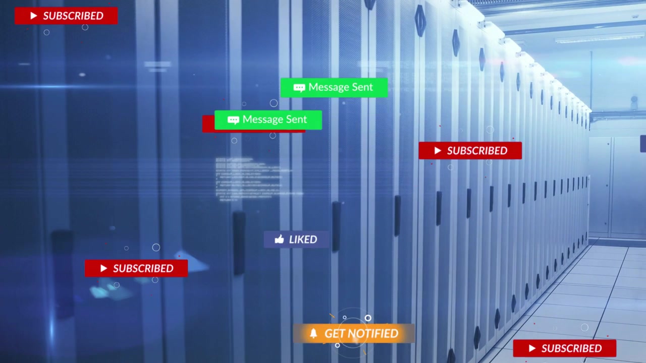 Notifications de médias sociaux et flux de données dans une salle de serveurs.