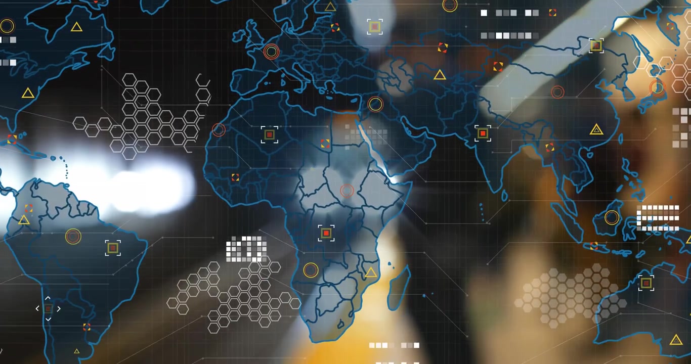 Animation of world map with data processing over underground train arriving at metro station