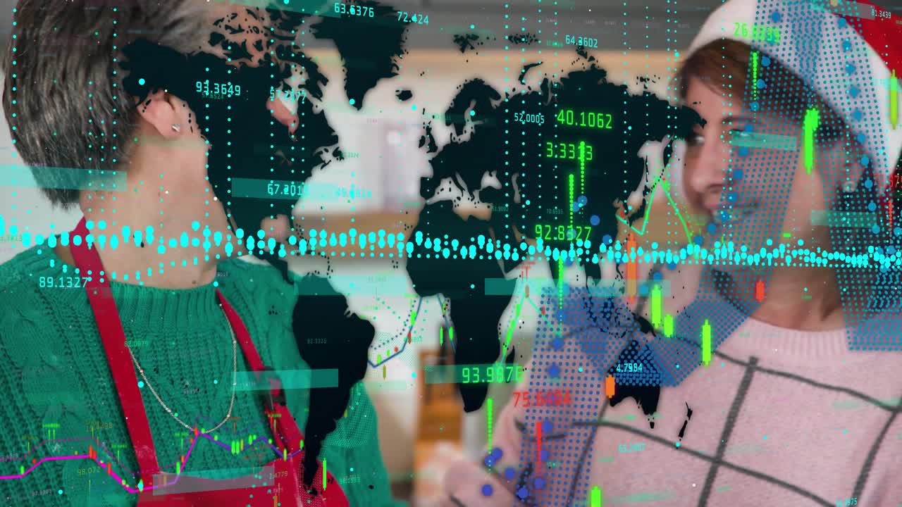 Senior baker duo pressing cutters cutting placing cookies on tray map data overlay for family food