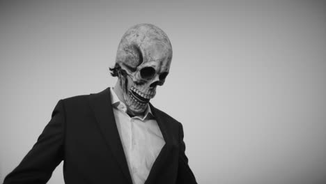 person in skull mask wearing a suit in black and white