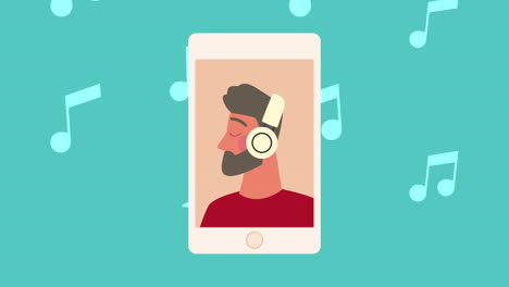 bearded man using earphones in smartphone