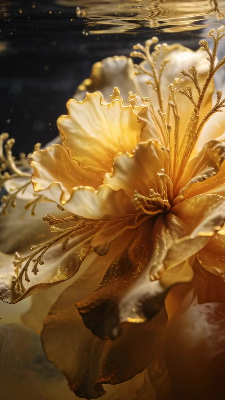 Video verticale: Panoramica che mostra un fiore dorato alla deriva in una vasca per un film in studio, con una bolla che sale.