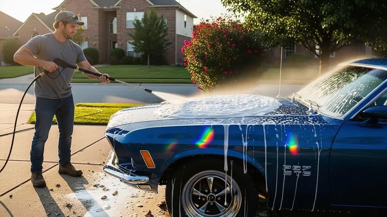A Dedicated Car Enthusiast Enjoys a Sunny Day Washing His Classic Blue Muscle Car, Featuring Bubbles and Water Splashes in a Suburban Neighborhood Setting