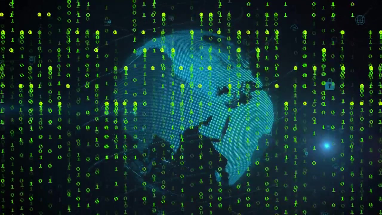 Pullback revealing globe rotating with binary rain and icons forming, showing tech network